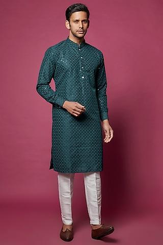 teal blue slub silk embroidered kurta set