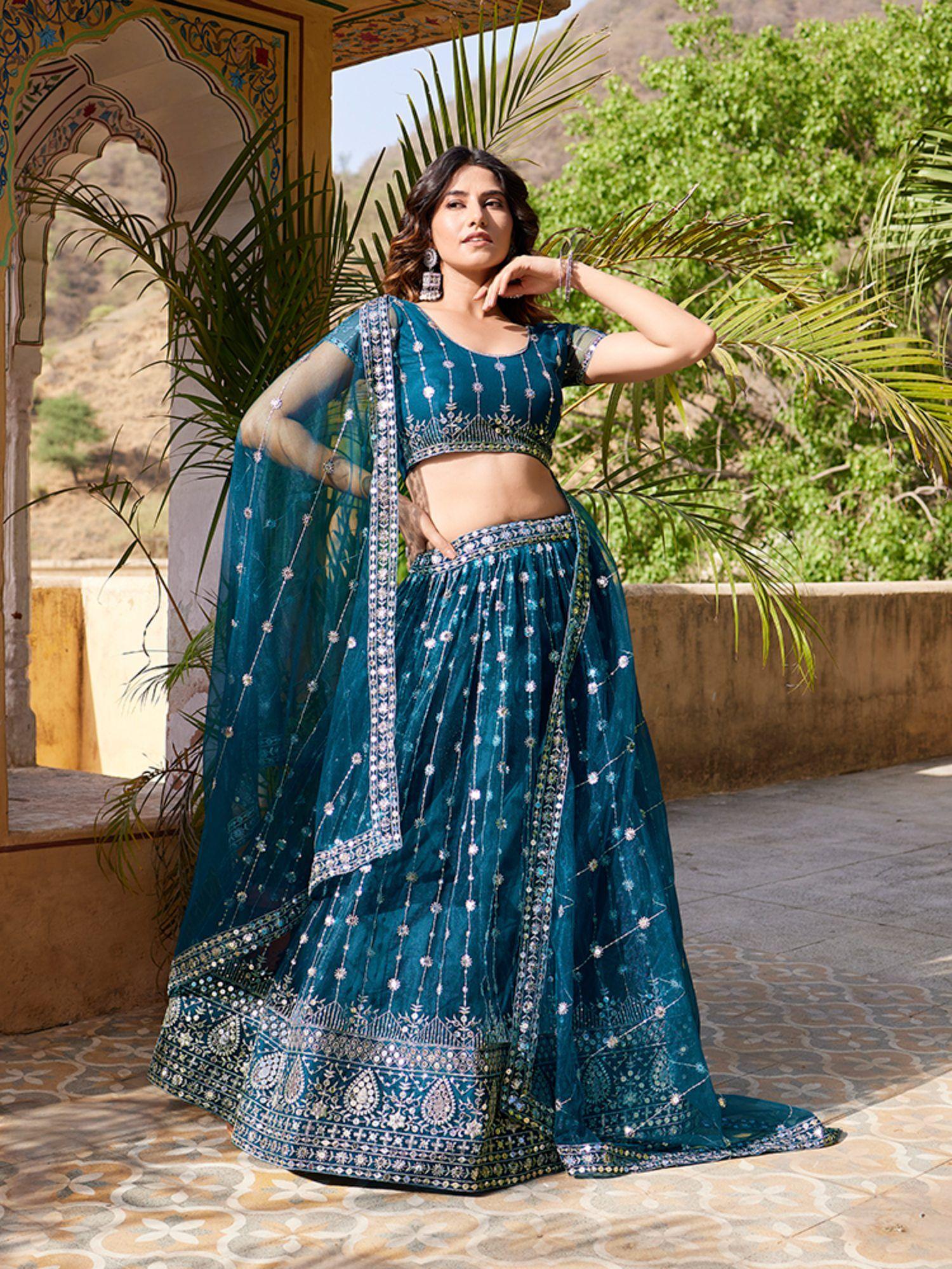 teal blue soft net sequins embroidered lehenga choli