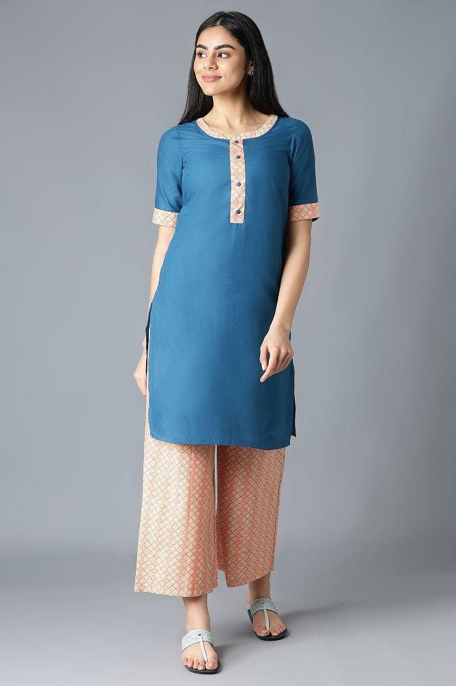 teal blue solid straight kurta with floral print straight palazzo