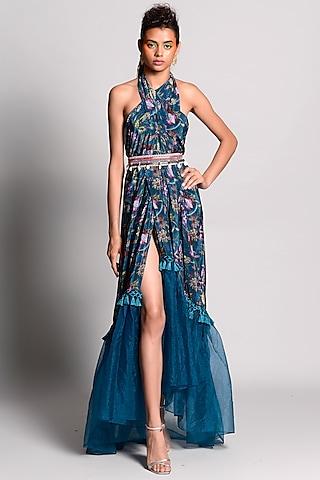 teal blue tropical printed wrap-around sarong dress