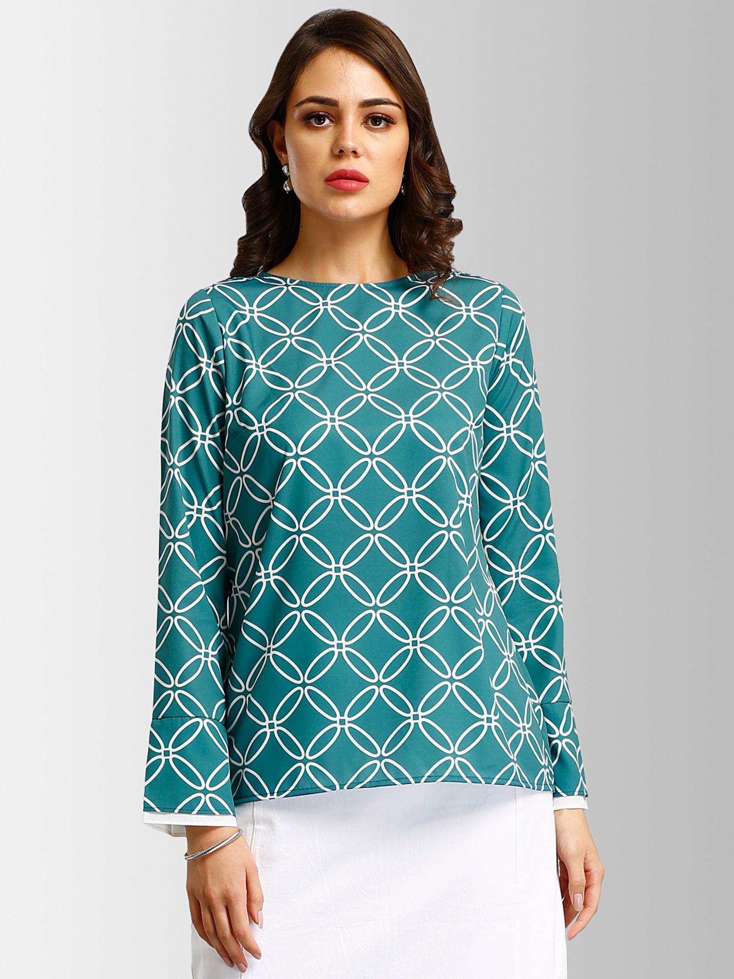 teal boat neck geometric print top