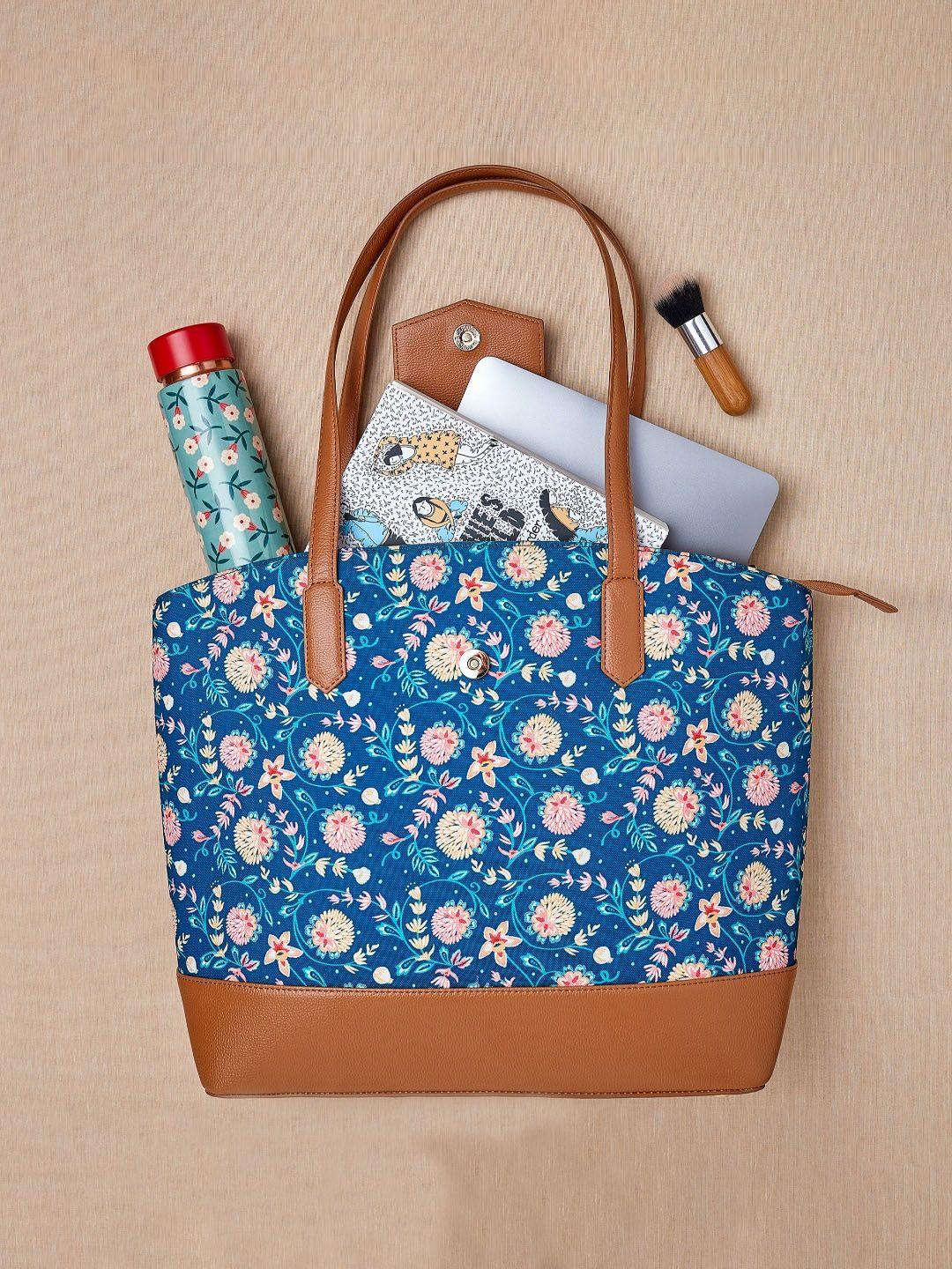 teal by chumbak floral printed structured tote bag
