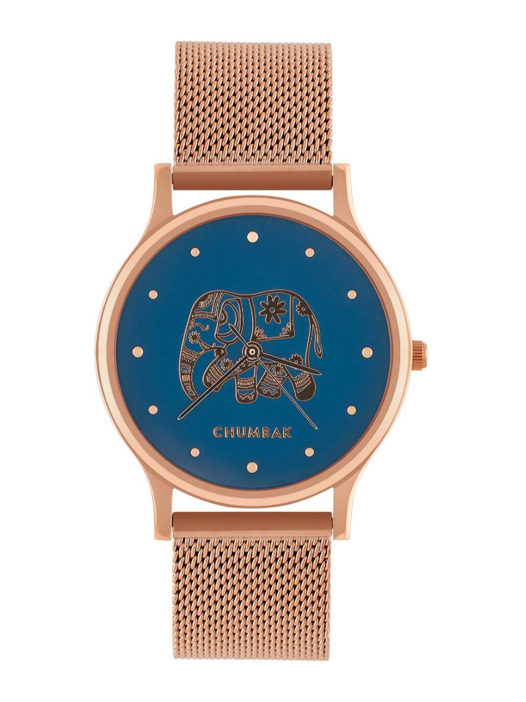 teal by chumbak women blue brass embellished dial & rose gold-plated straps analogue watch