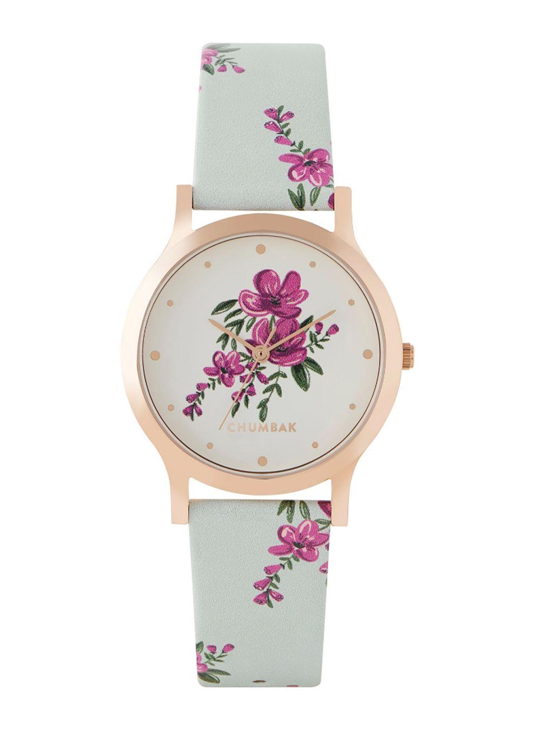 teal by chumbak women brass printed dial & leather strap analogue watch 8907605118661