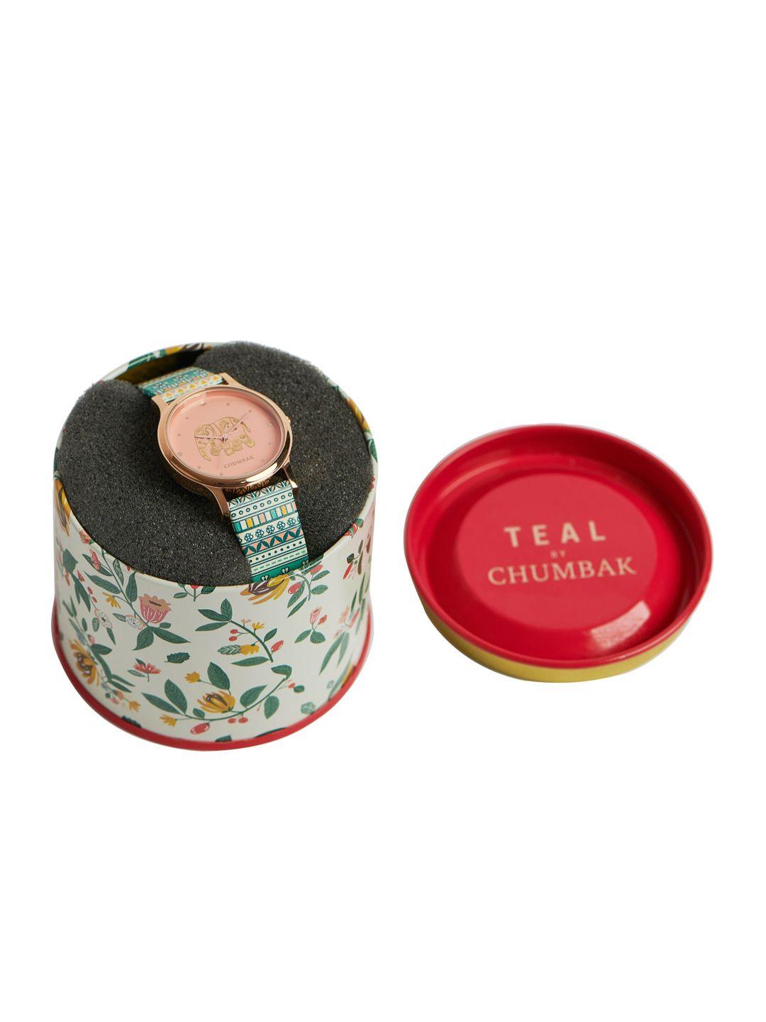 teal by chumbak women brass printed dial & leather straps analogue watch 8907605119095