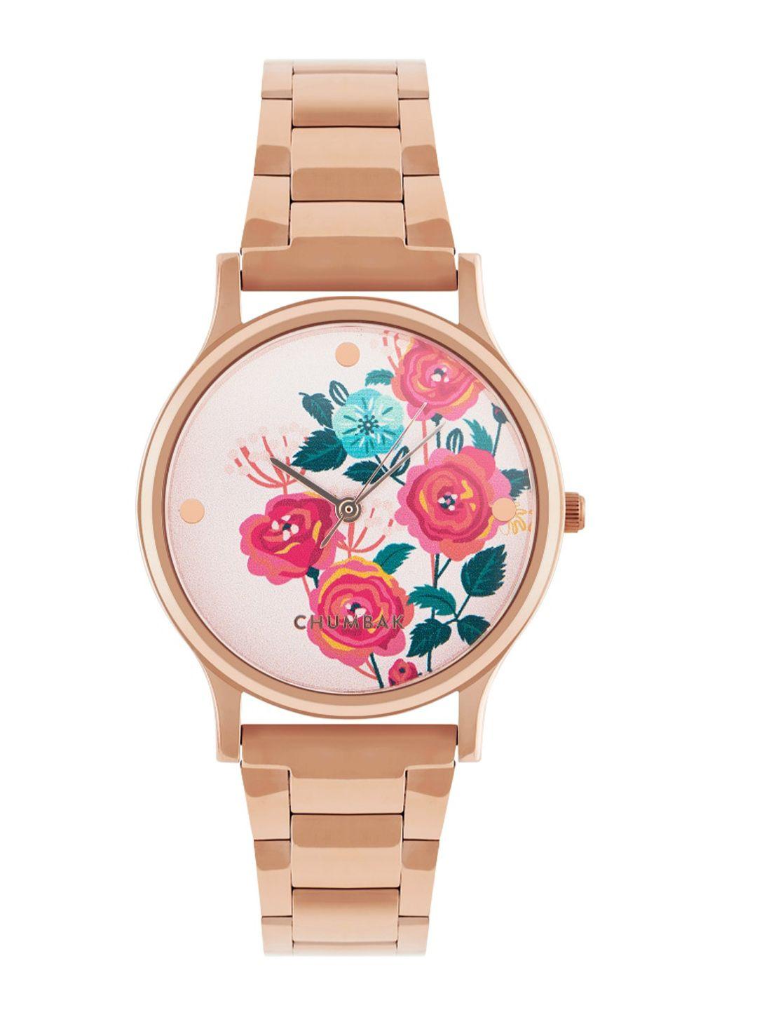 teal by chumbak women pink brass printed dial & rose gold-plated bracelet style straps analogue watch