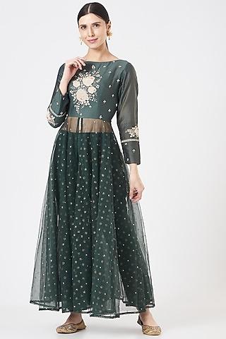 teal chanderi embroidered anarkali set