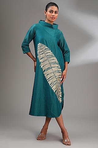 teal chanderi embroidered midi a-line dress