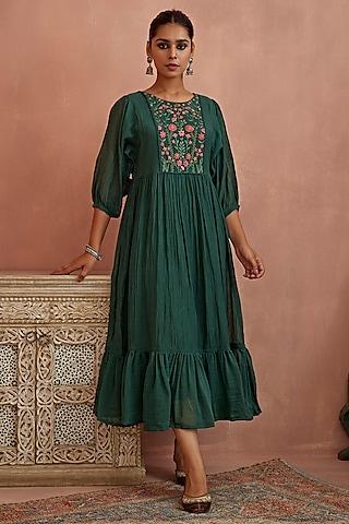 teal chanderi hand embroidered dress