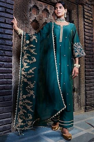 teal chanderi hand embroidered kurta set