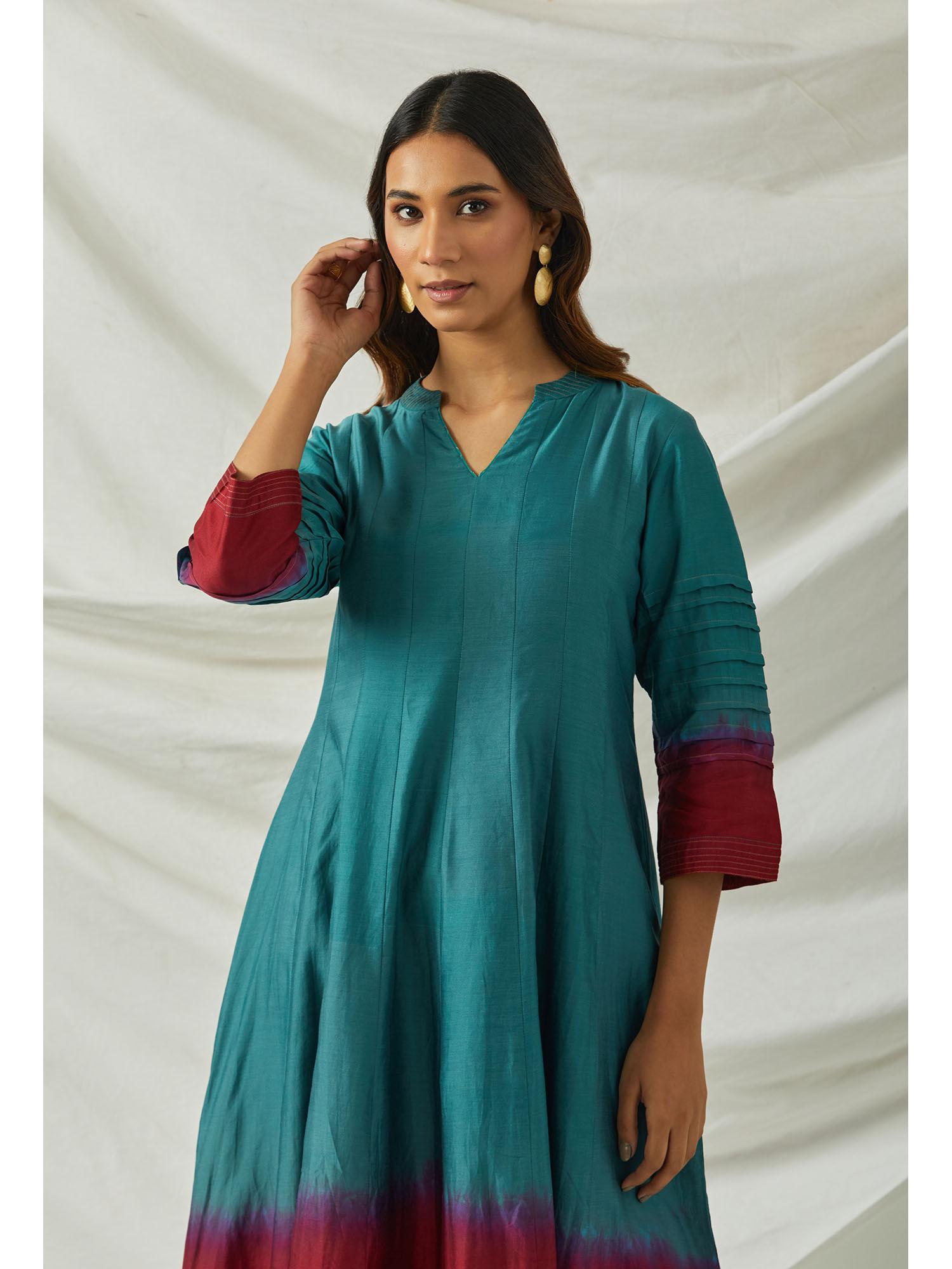 teal chanderi kali dip dyed kurta