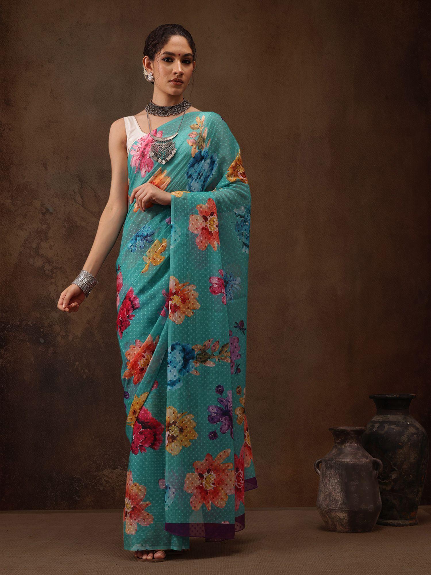 teal chiffon floral digital print floral saree with unstitched blouse