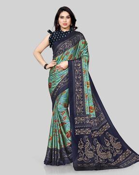 teal chiffon floral print border saree traditional saree