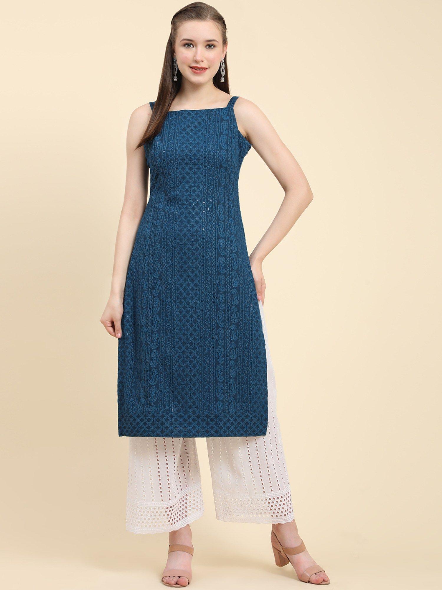 teal chikankari georgette kurta