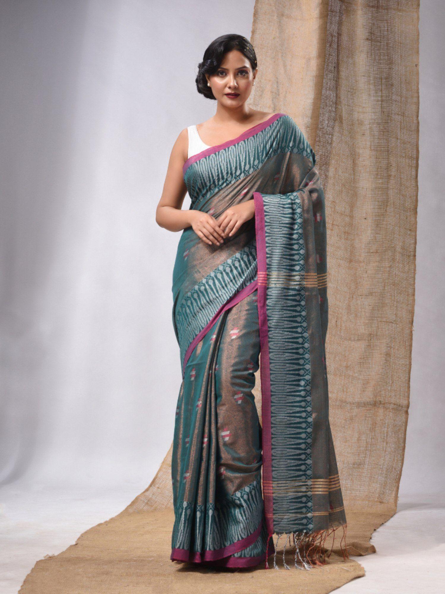 teal colored handwoven tissue saree with woven design & unstitched blouse