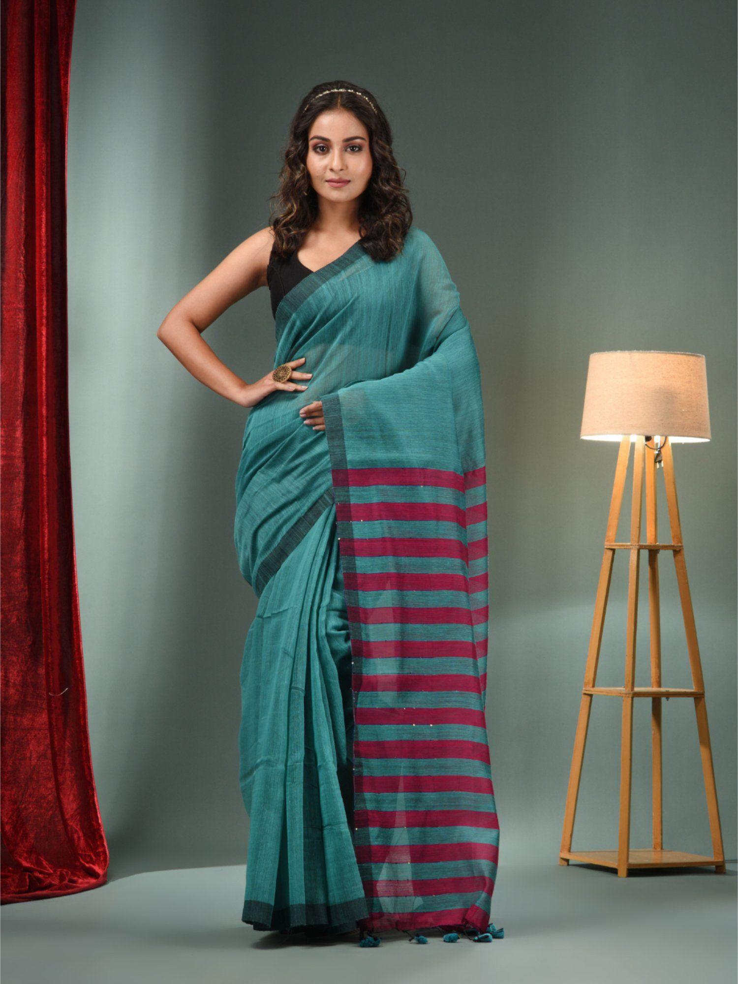 teal cotton blend handwoven saree with stripes pallu & unstitched blouse