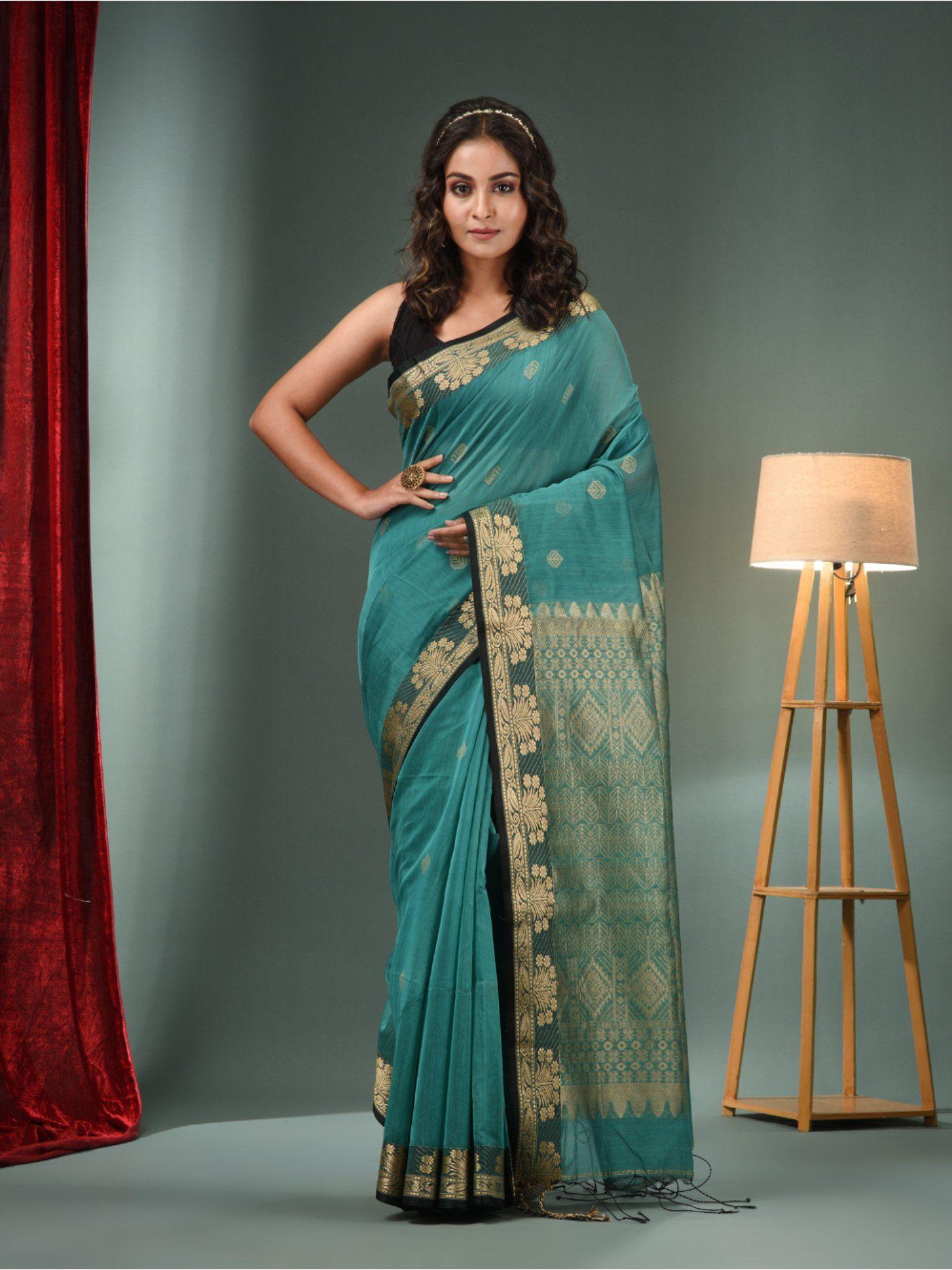 teal cotton blend handwoven saree with woven zari border & unstitched blouse