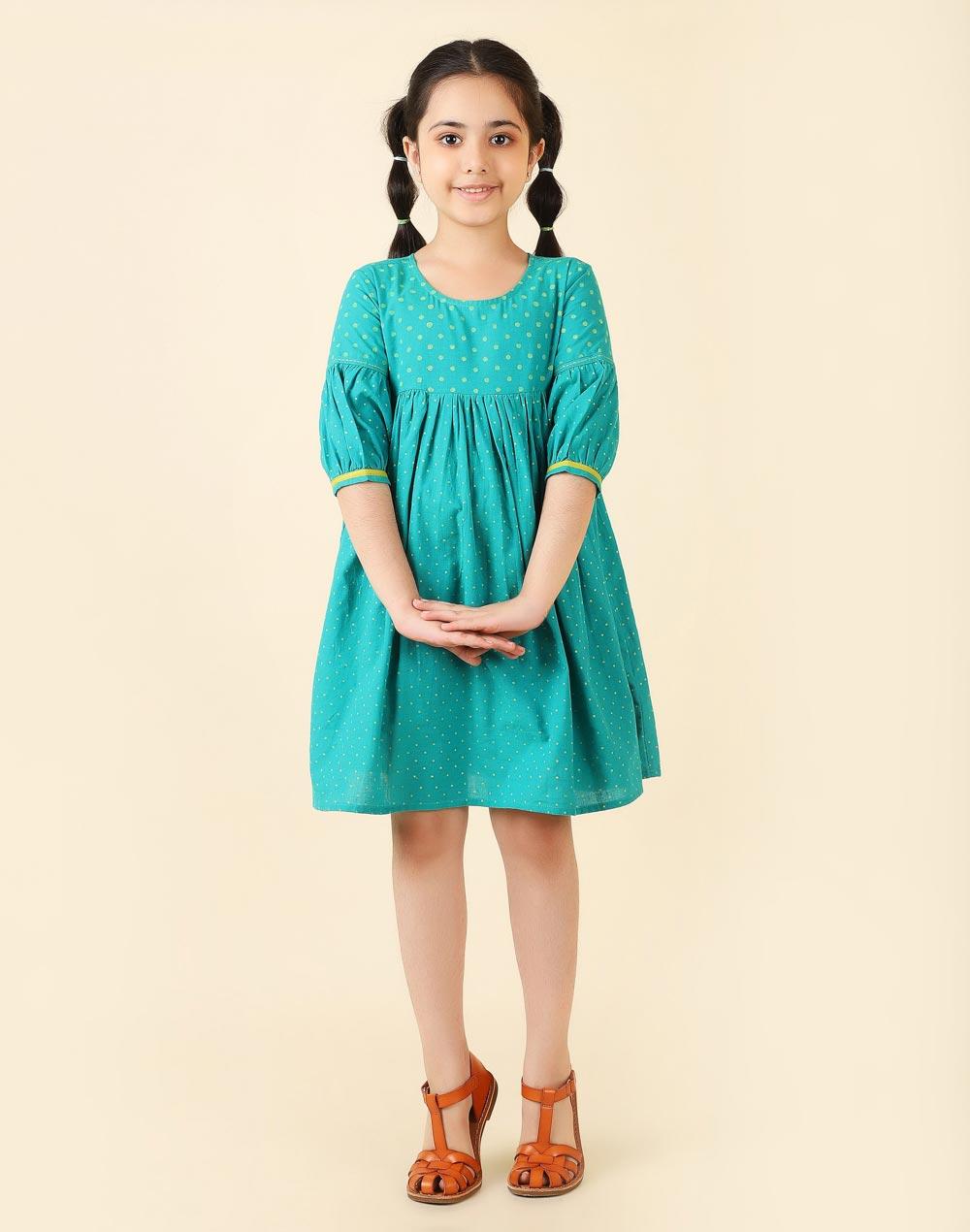 teal cotton hand block printed flared dress