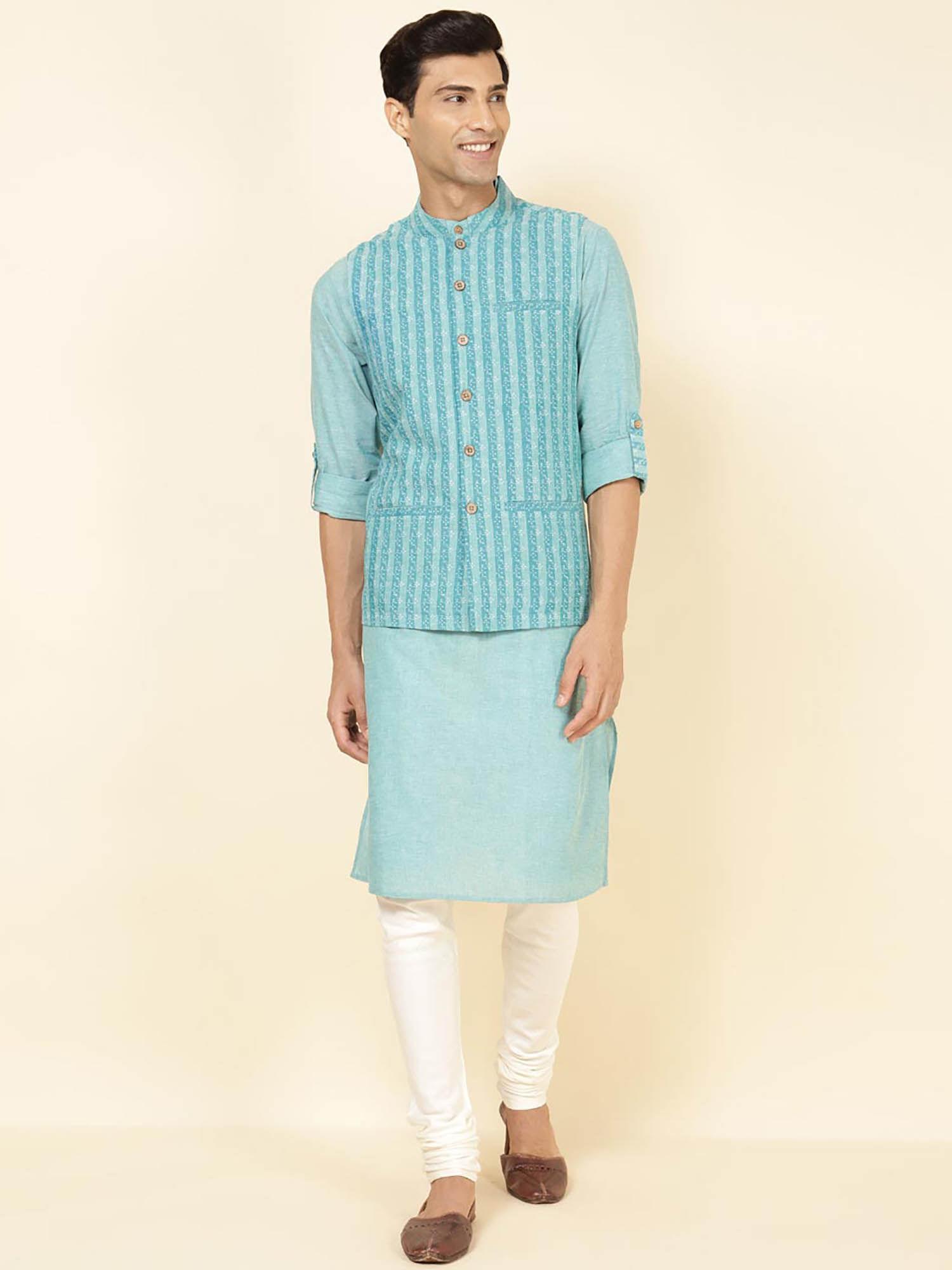 teal cotton hand block printed slim kurta with nehru jacket (set of 2)