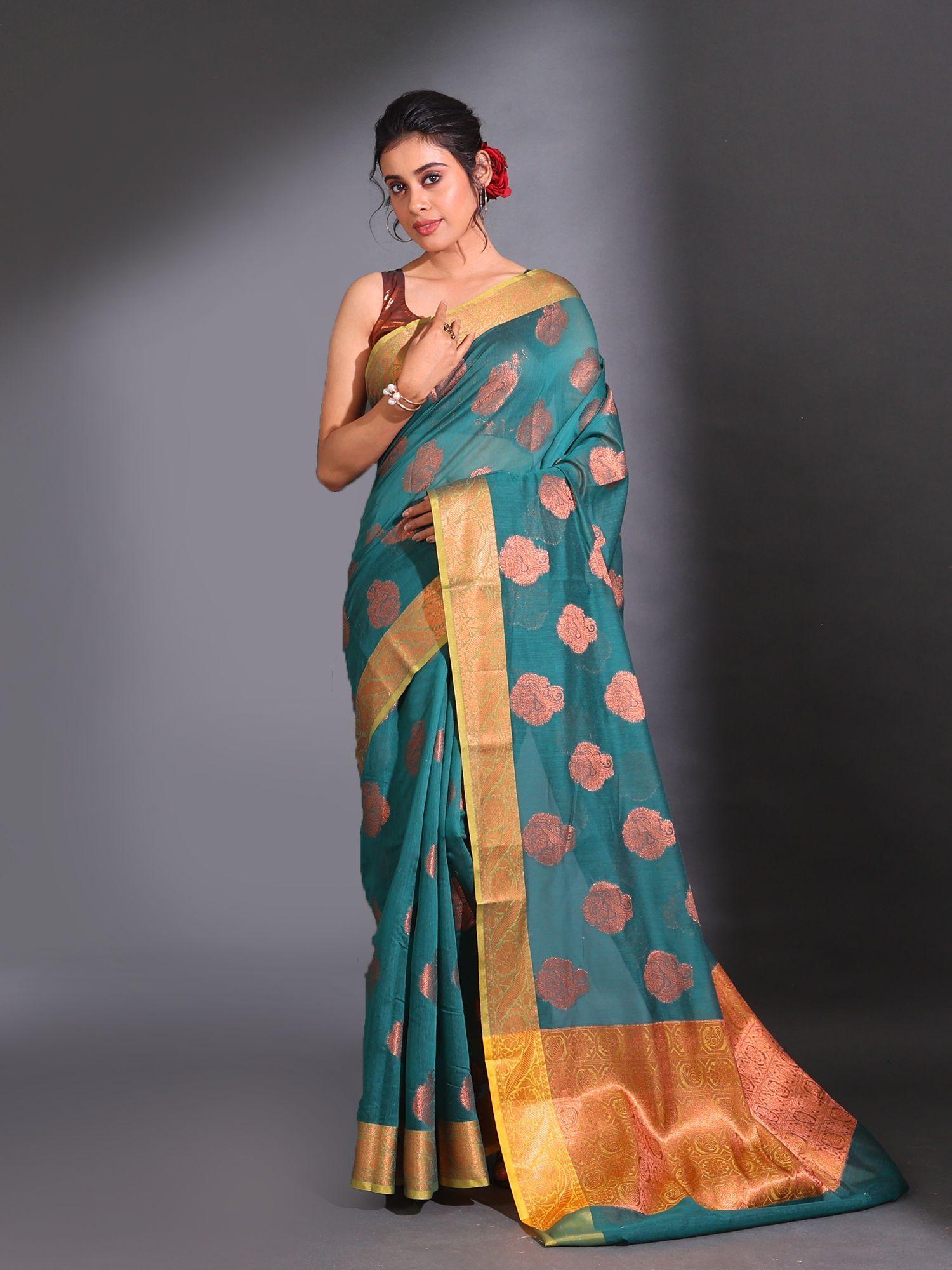 teal cotton handwoven nakshi pattern and floral border saree with unstitched blouse