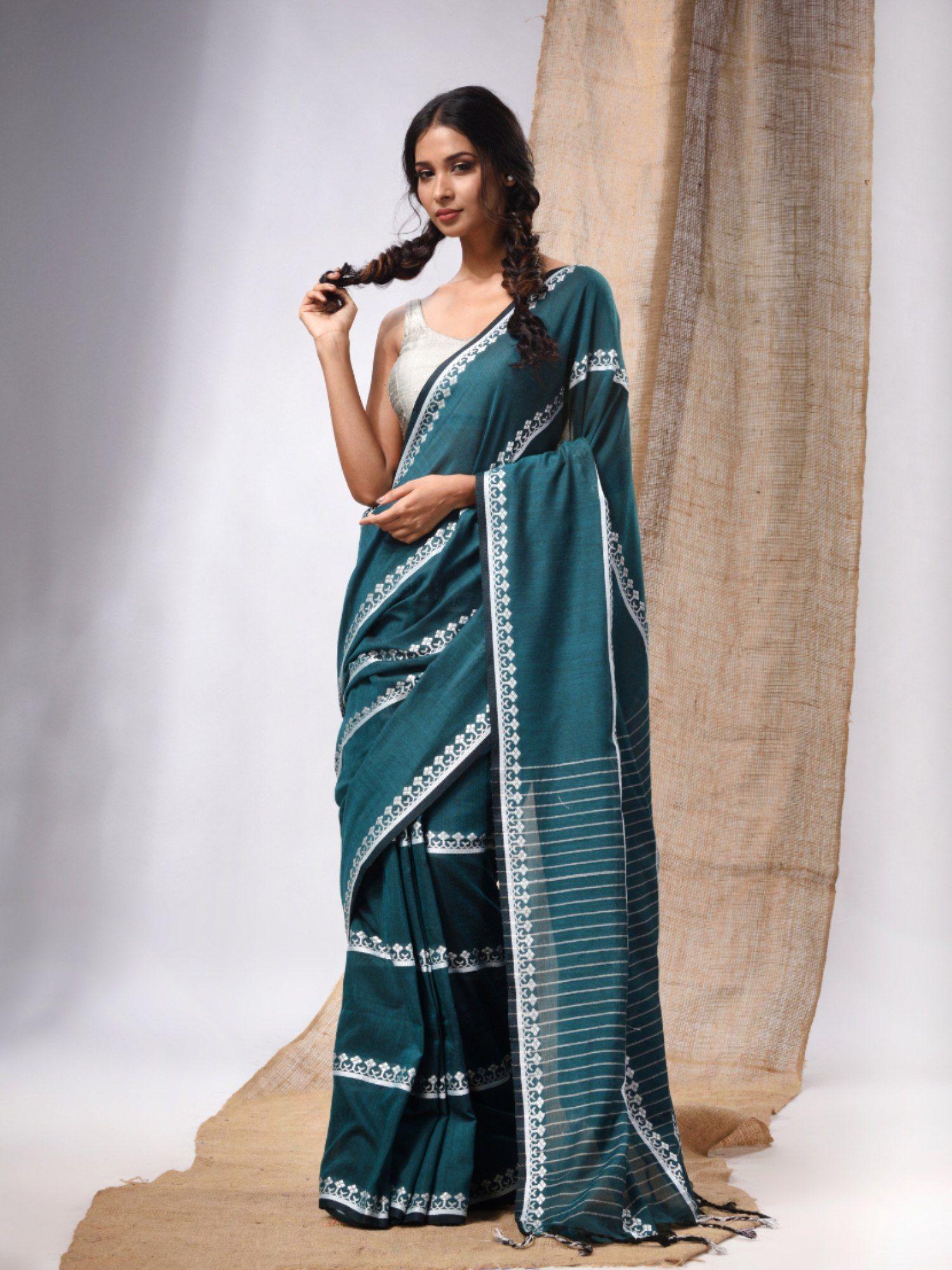 teal cotton handwoven saree with stripes pallu & unstitched blouse