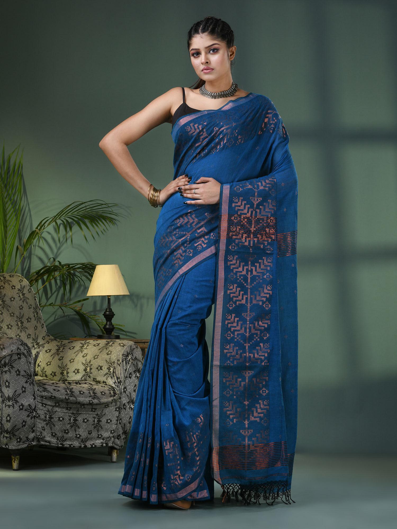 teal cotton jacquard border handloom saree with unstitched blouse