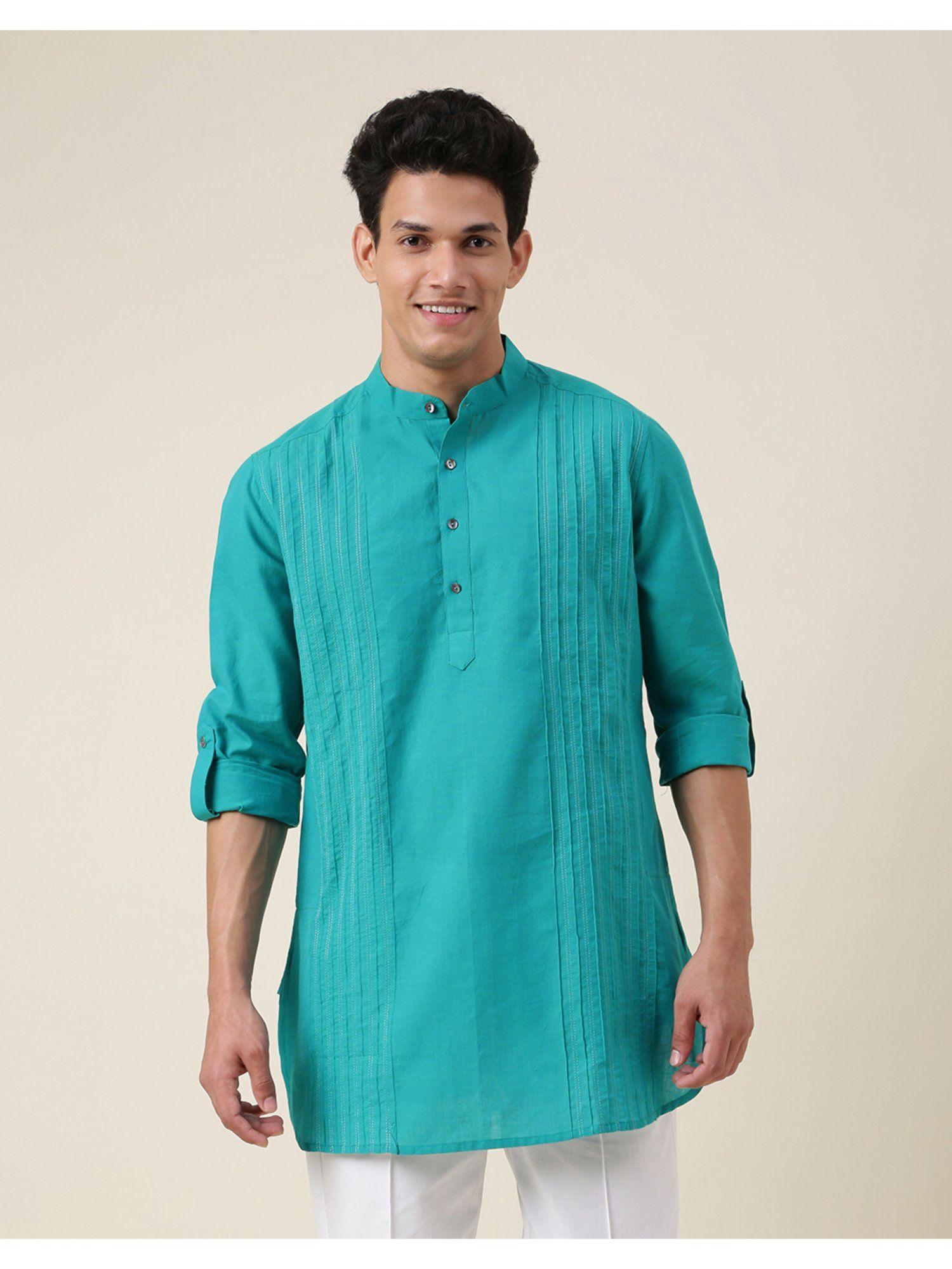 teal cotton pintucks short kurta