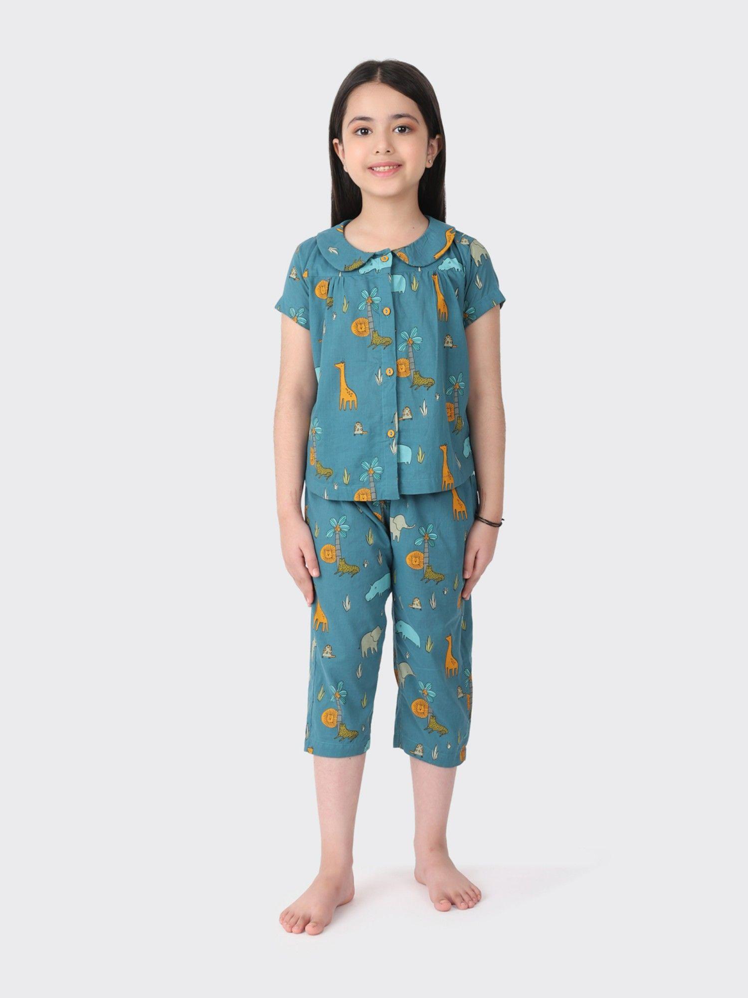 teal cotton printed girls pyjamas (set of 2)