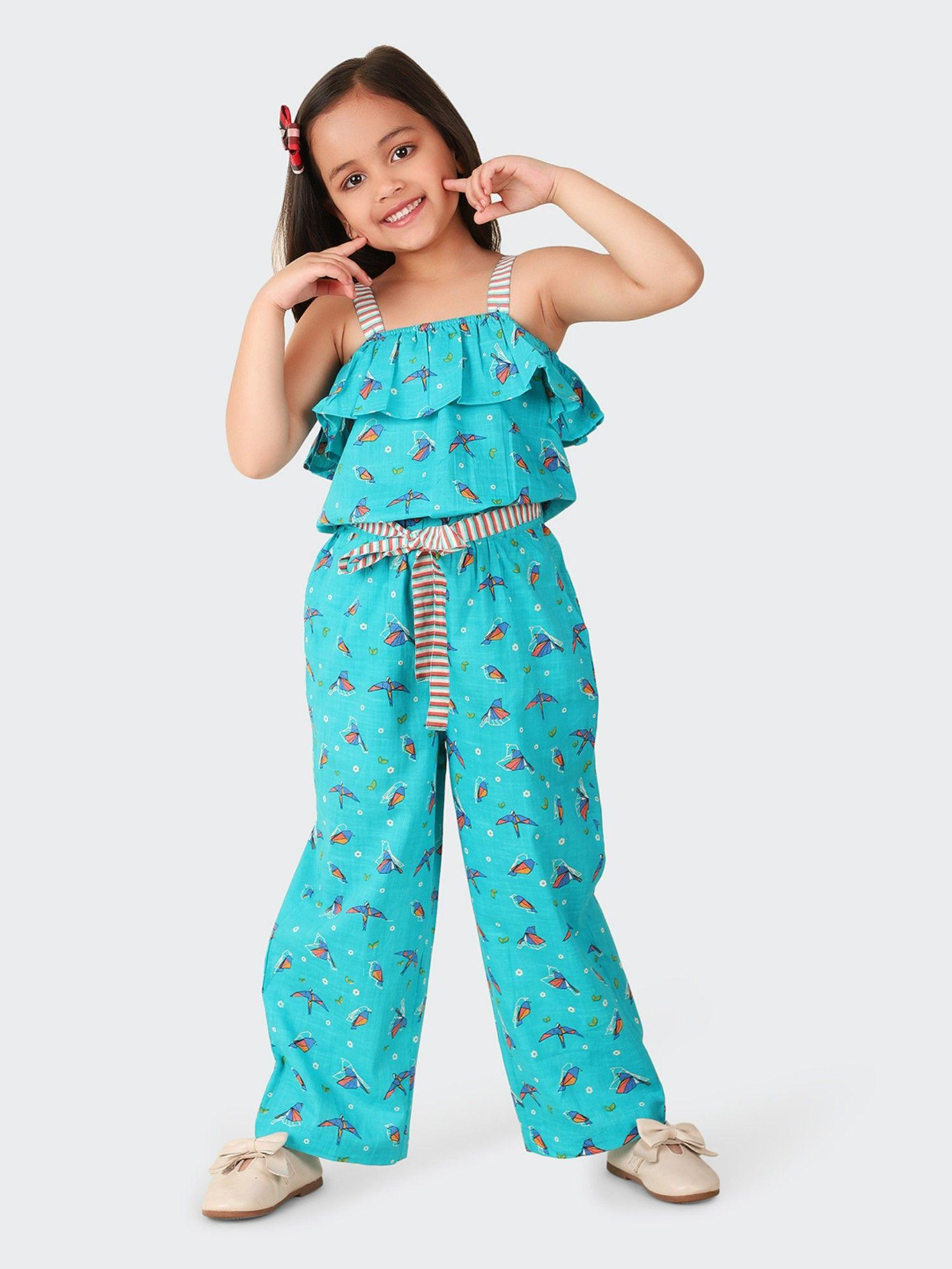teal cotton printed jumpsuit with belt (set of 2)