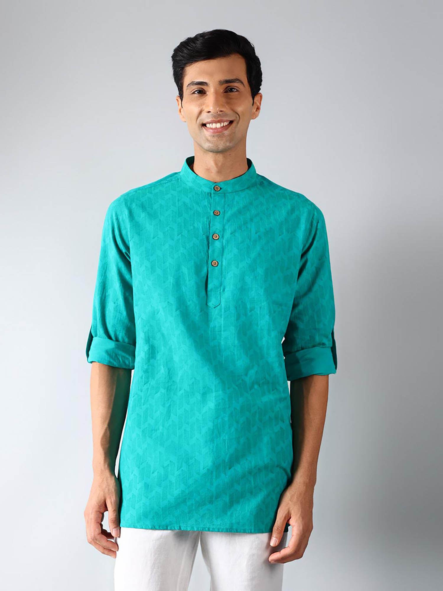 teal cotton printed slim fit kurta