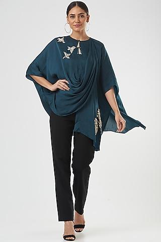 teal cotton satin draped tunic