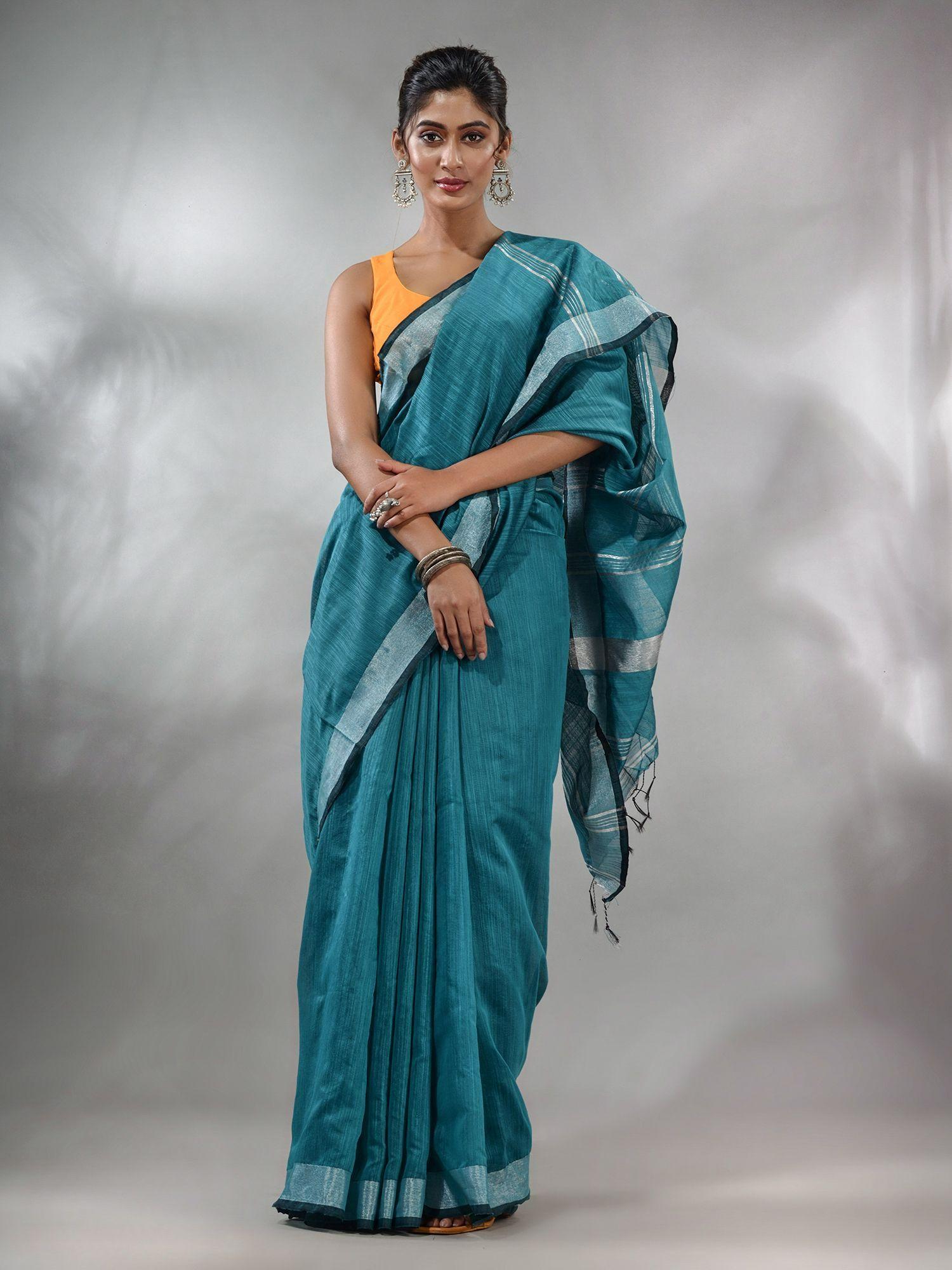 teal cotton silk handwoven saree with zari woven stripes pallu & unstitched blouse