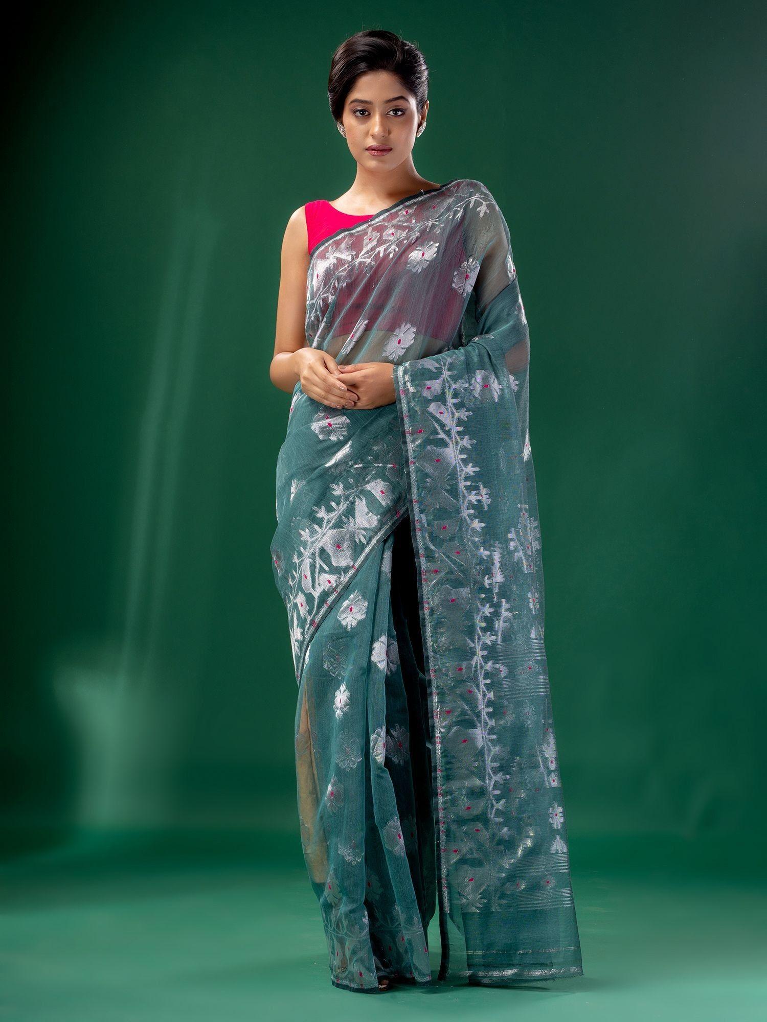 teal cotton silk handwoven soft jamdani saree without blouse