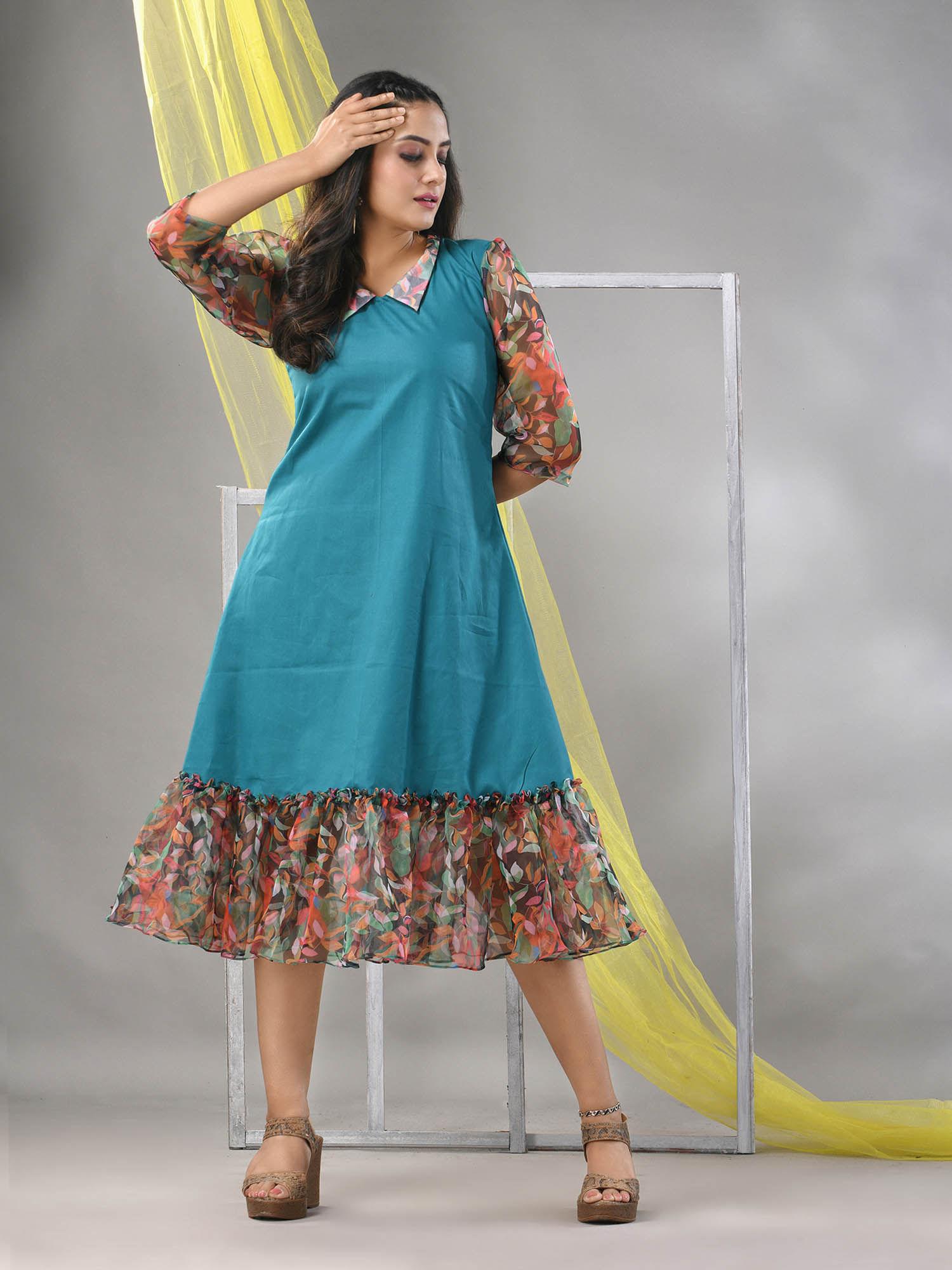 teal cotton solid a-line ethnic dress with ruffle