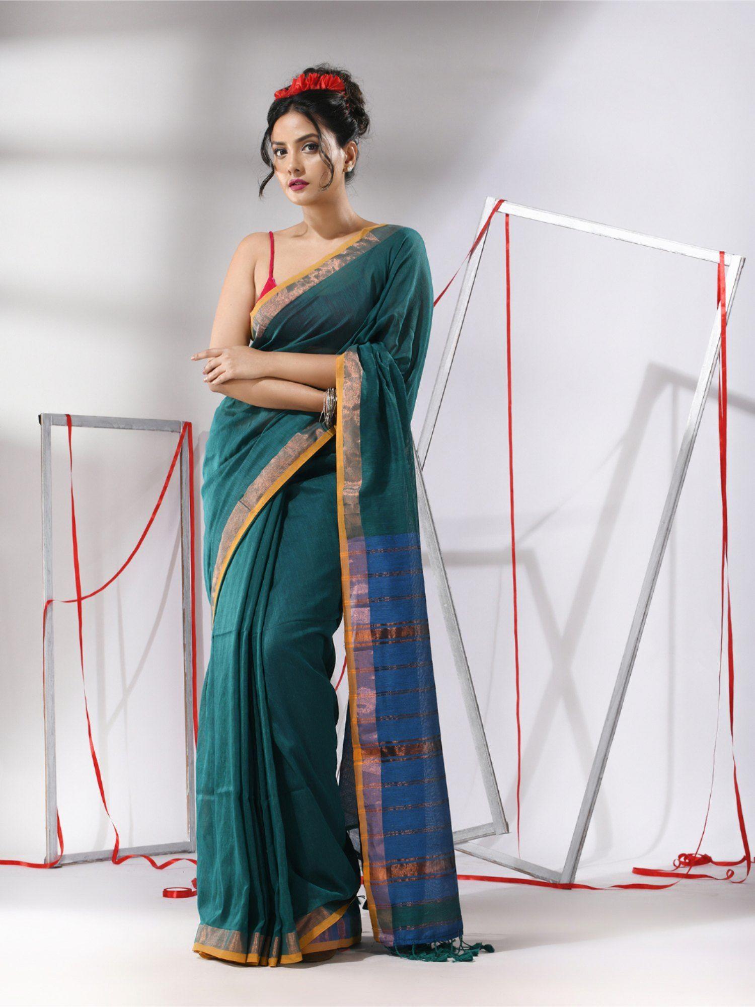 teal cotton stripes zari pallu saree with unstitched blouse