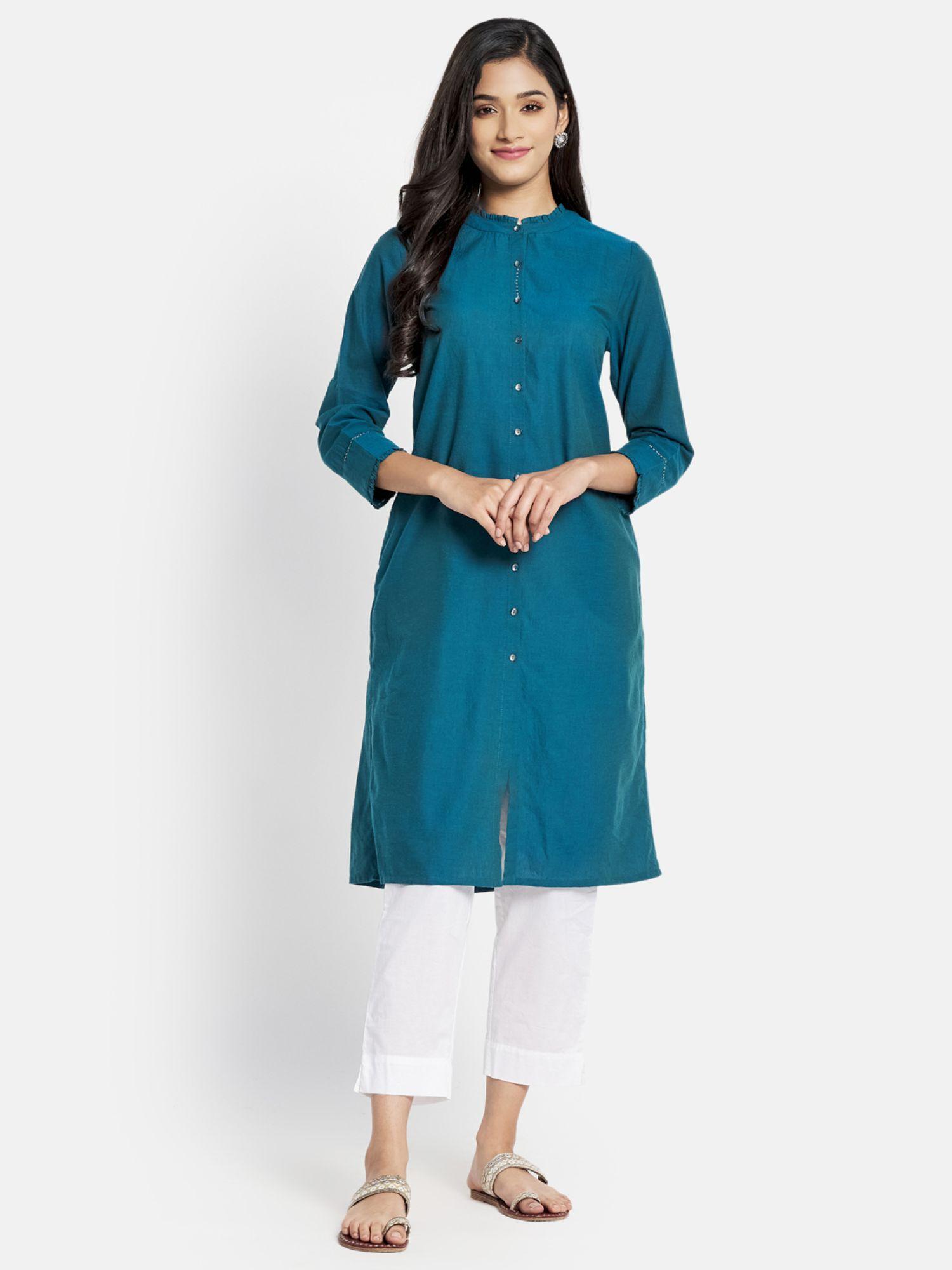 teal cotton woven knee length kurta