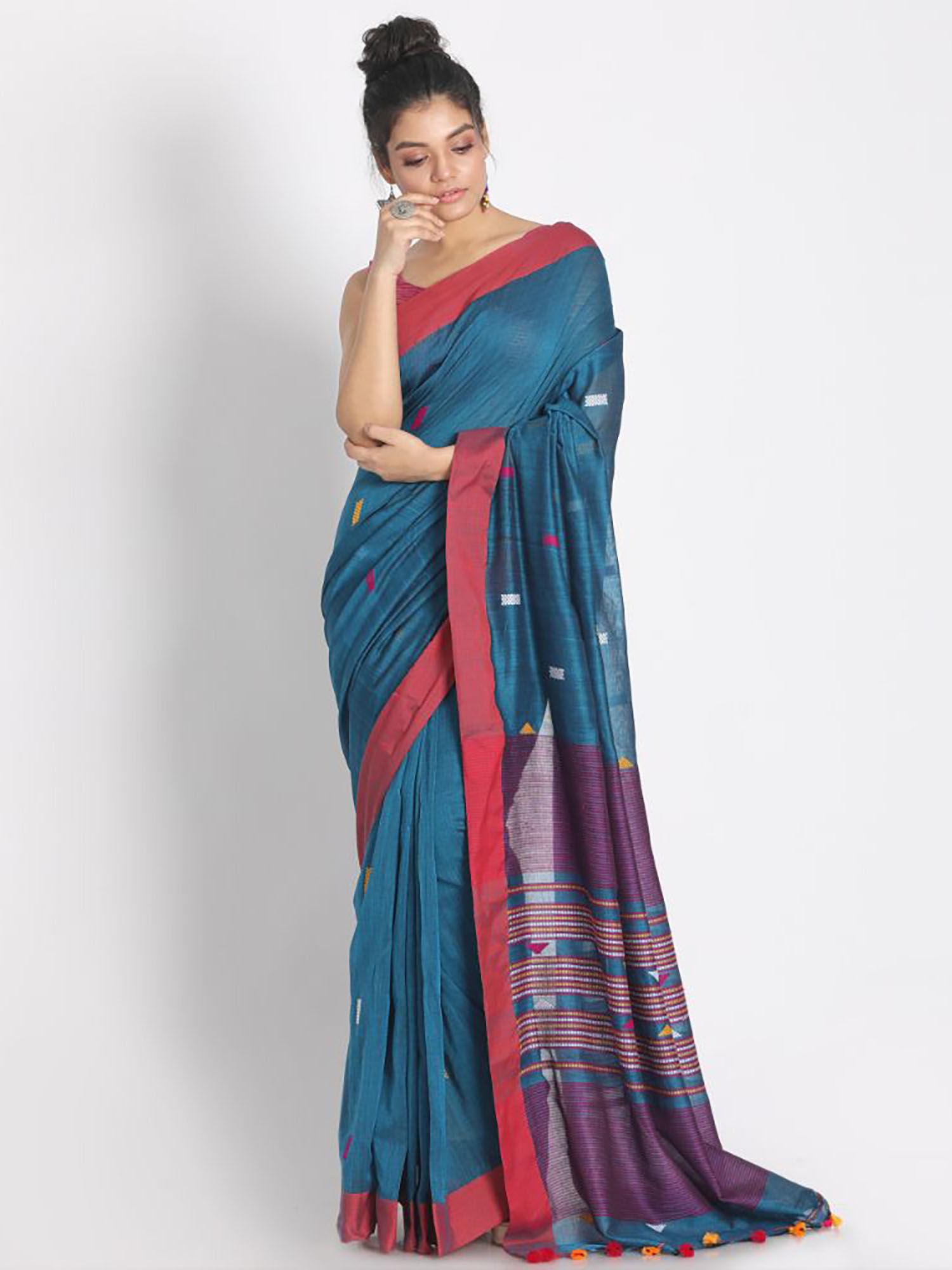 teal cotton woven saree with unstitched blouse