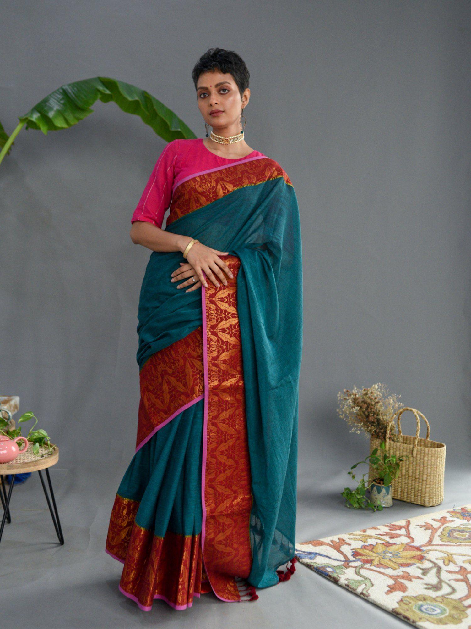 teal cotton woven saree