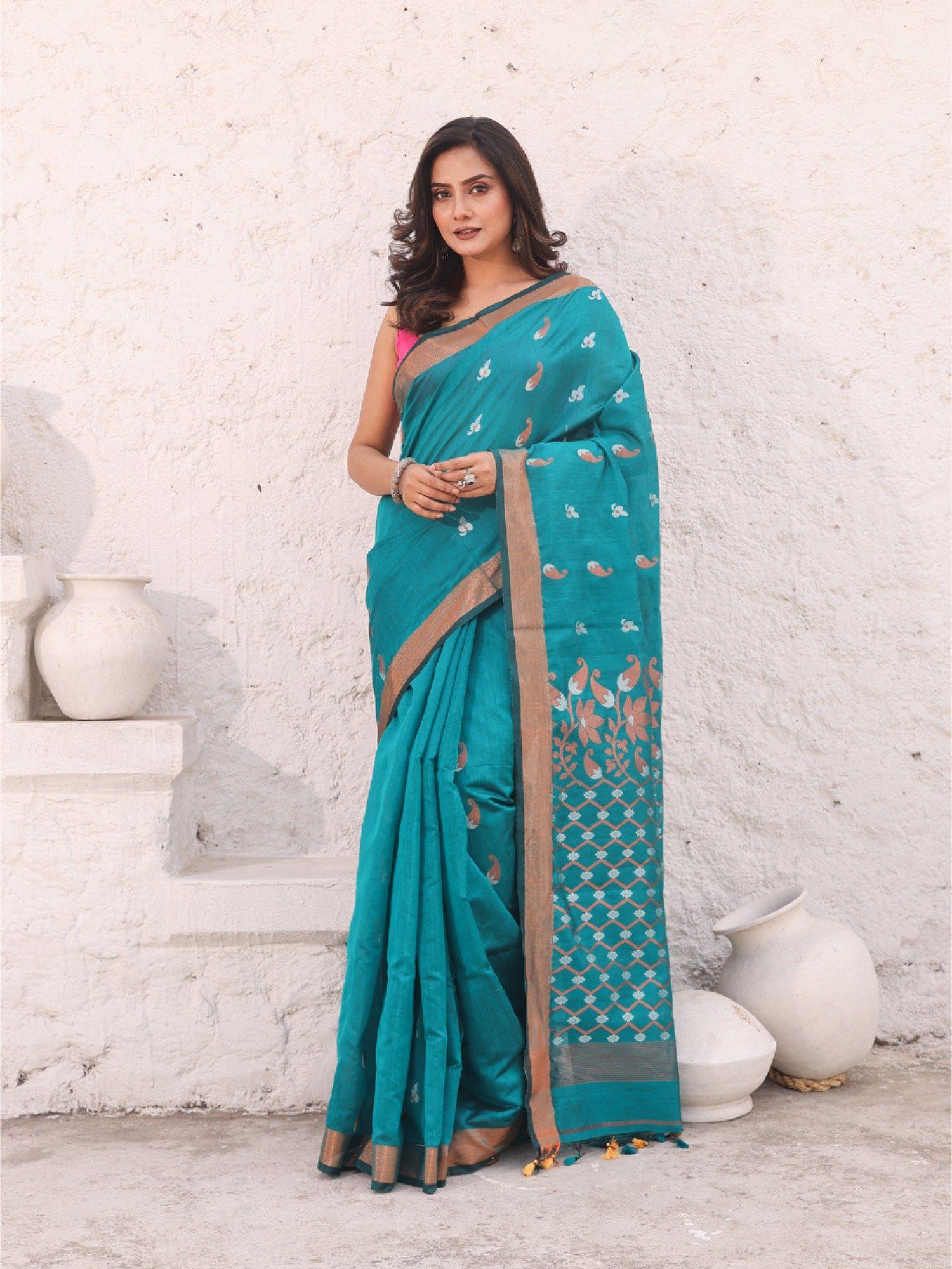 teal cotton zari border saree with unstitched blouse