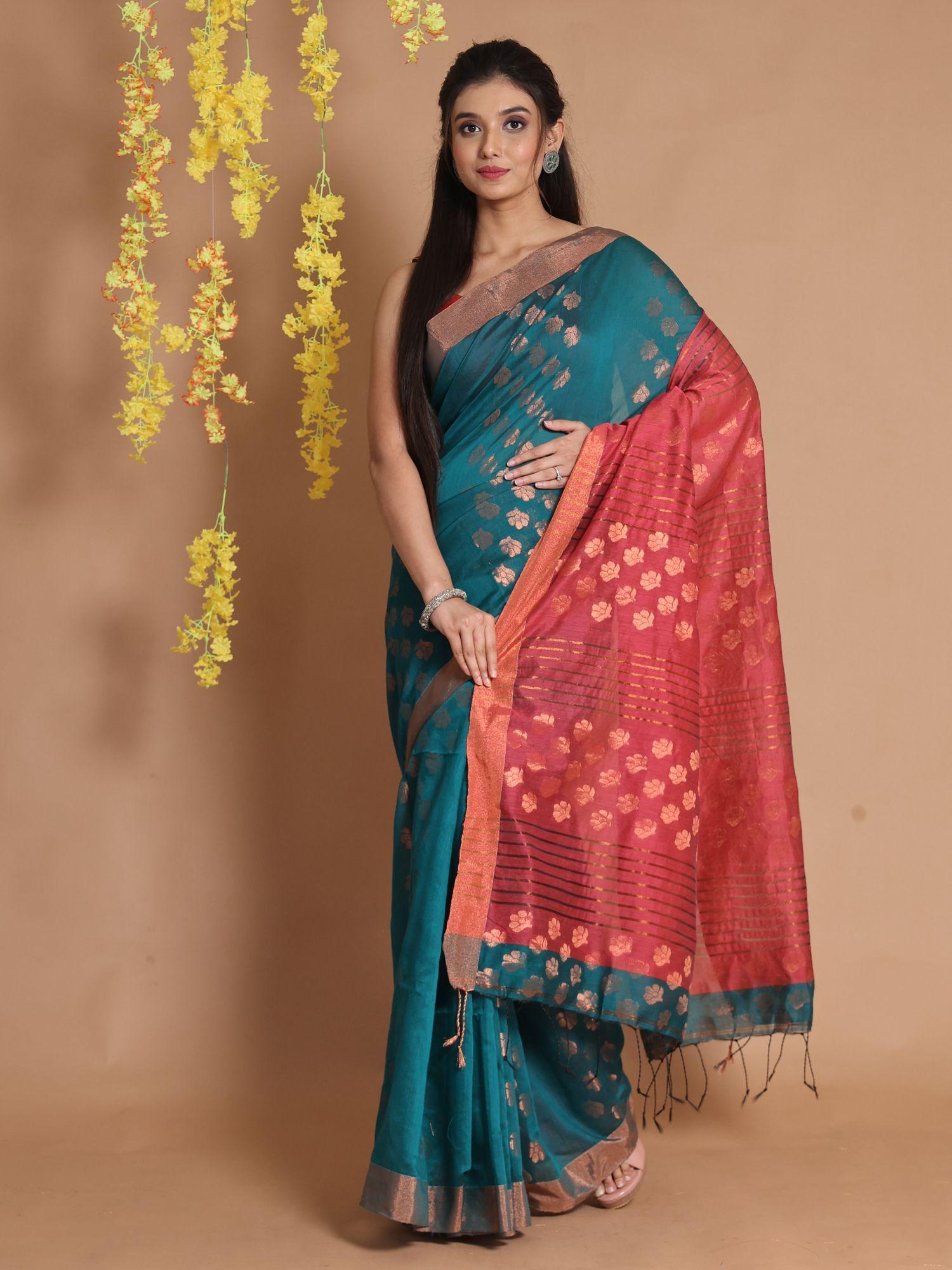 teal cotton zari motifs & striped pallu handwoven saree with unstitched blouse