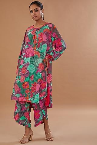 teal crepe printed & embroidered kurta set