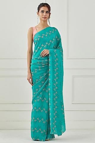 teal crepe printed saree set