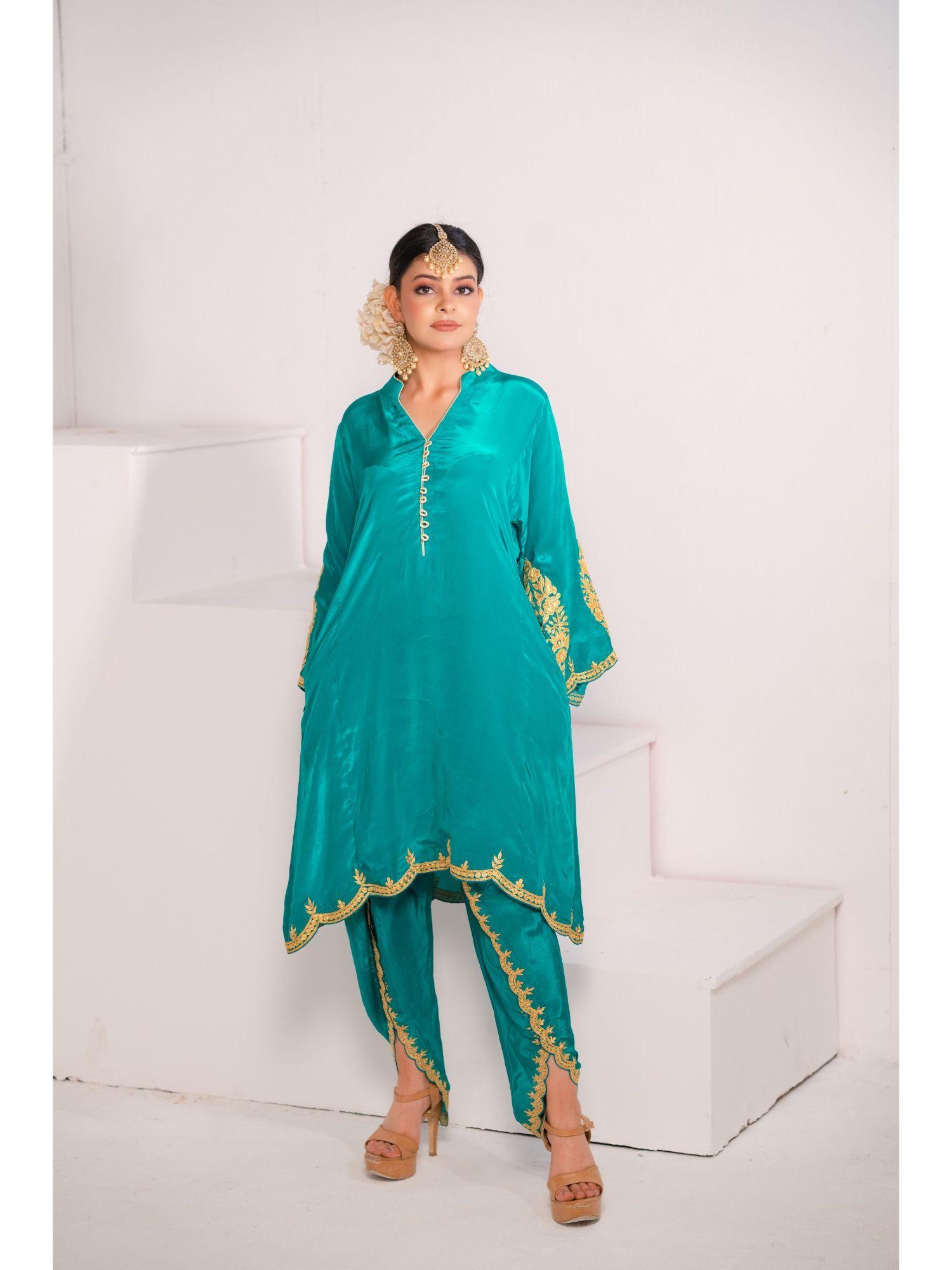 teal crepe tilla kurta (set of 2)