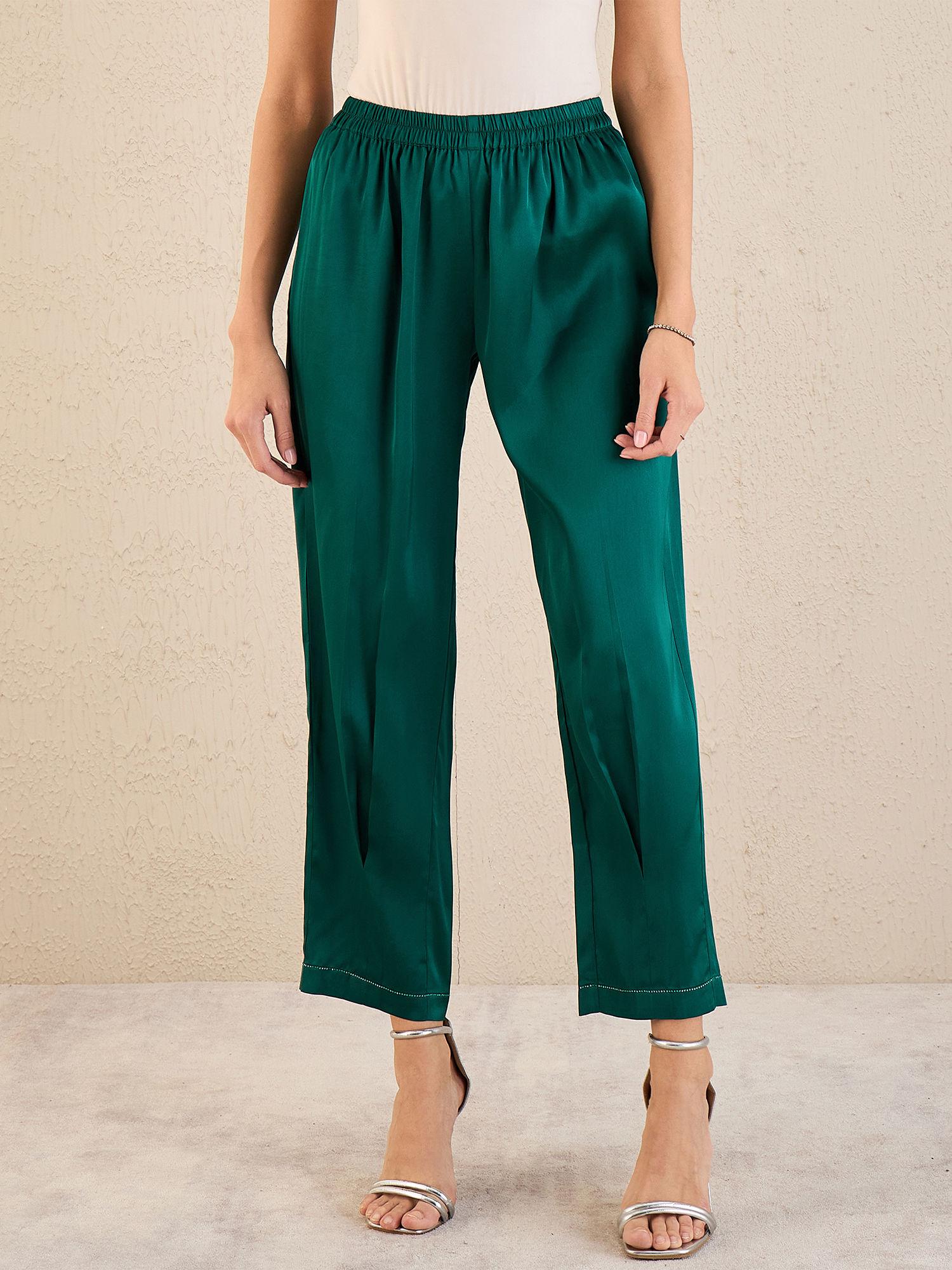 teal crystal embellished satin straight pant