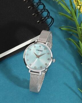 teal dial analogue fashion watch with mesh strap for women