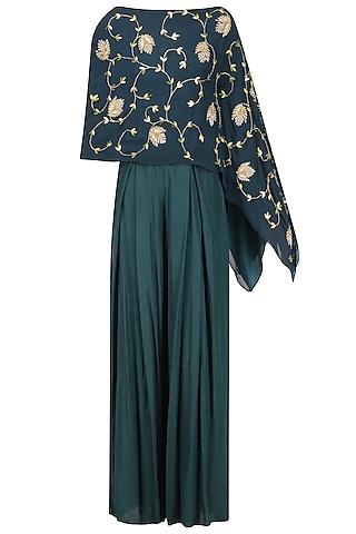 teal embellished assymetric cape with high waisted pleated pants