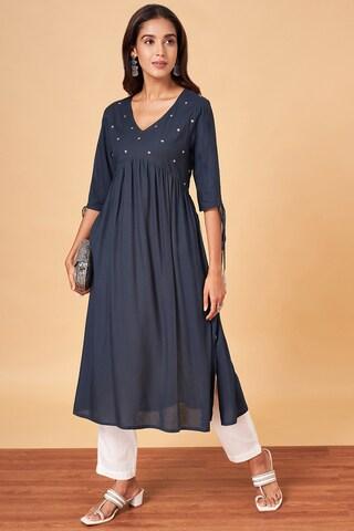 teal embellished calf-length  casual women regular fit  kurta