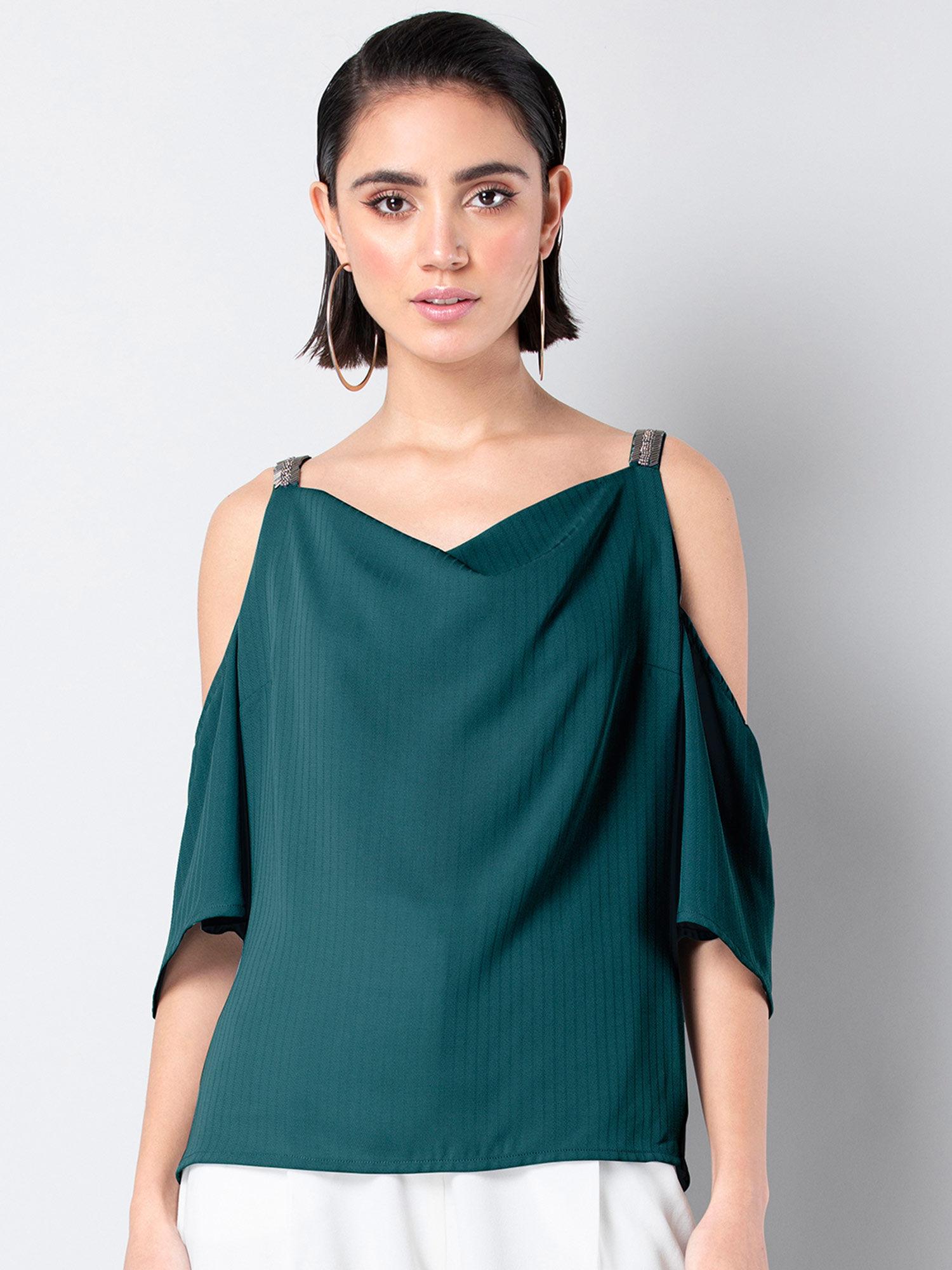 teal embellished cowl neck top