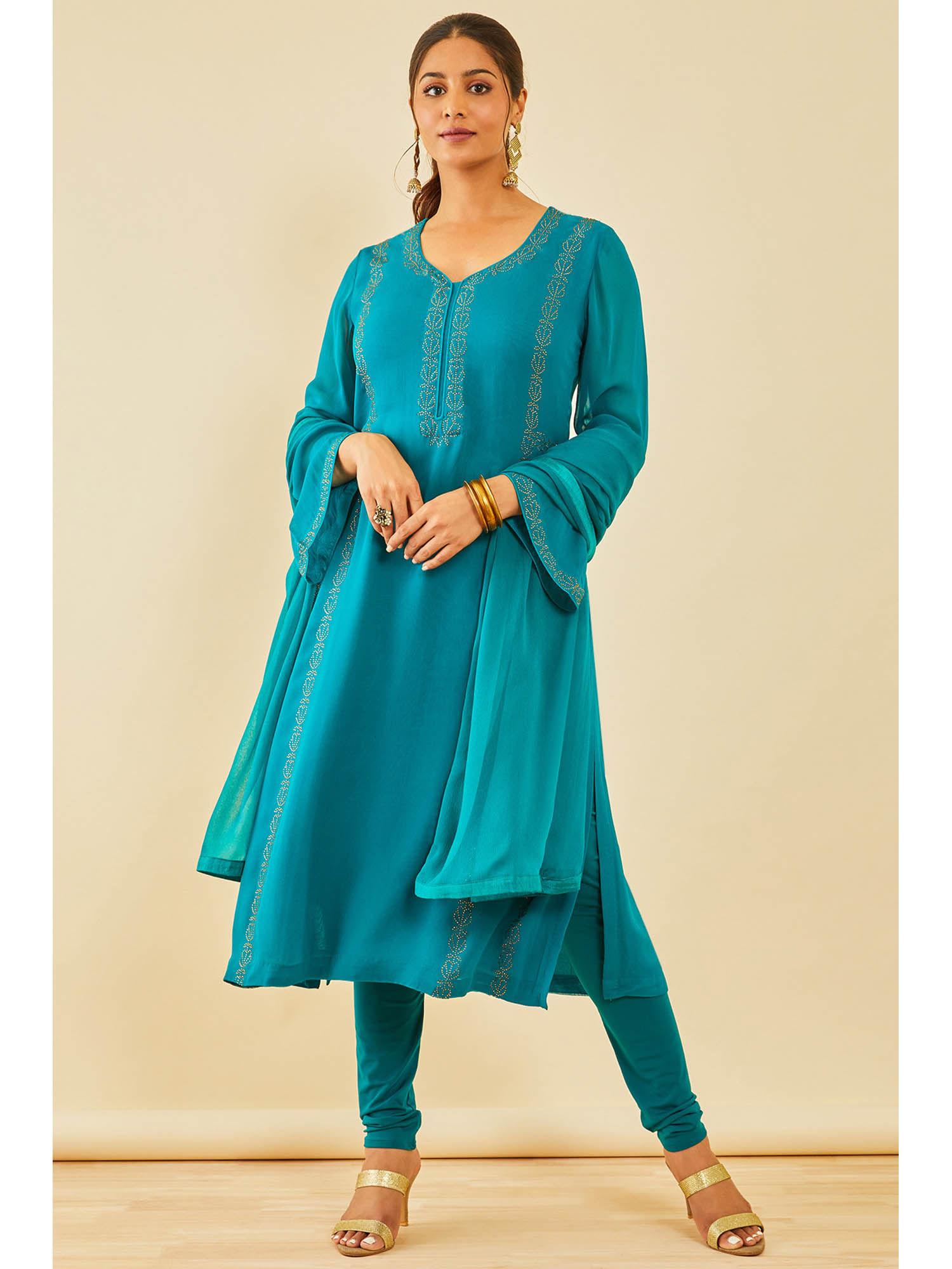 teal embellished georgette kurta and churidar with dupatta (set of 3)