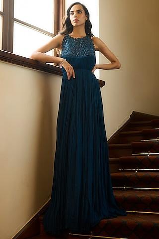 teal embellished ruched flared gown